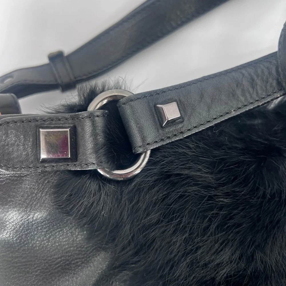 Abro‎ Black Leather & Faux Fur Studded Slouchy Shoulder Bag Dark Edgy Mob Wife